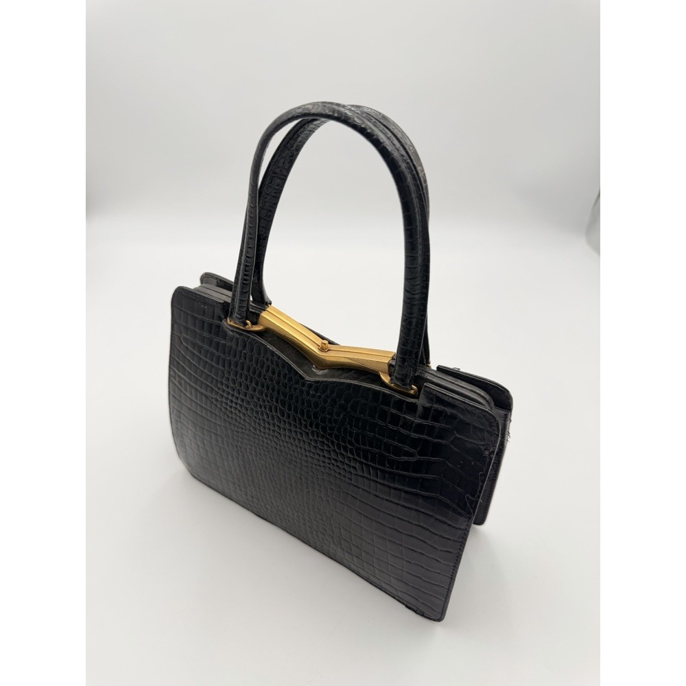 Vintage 1950s Black Embossed Croc Top Handle Handbag V-Frame Purse